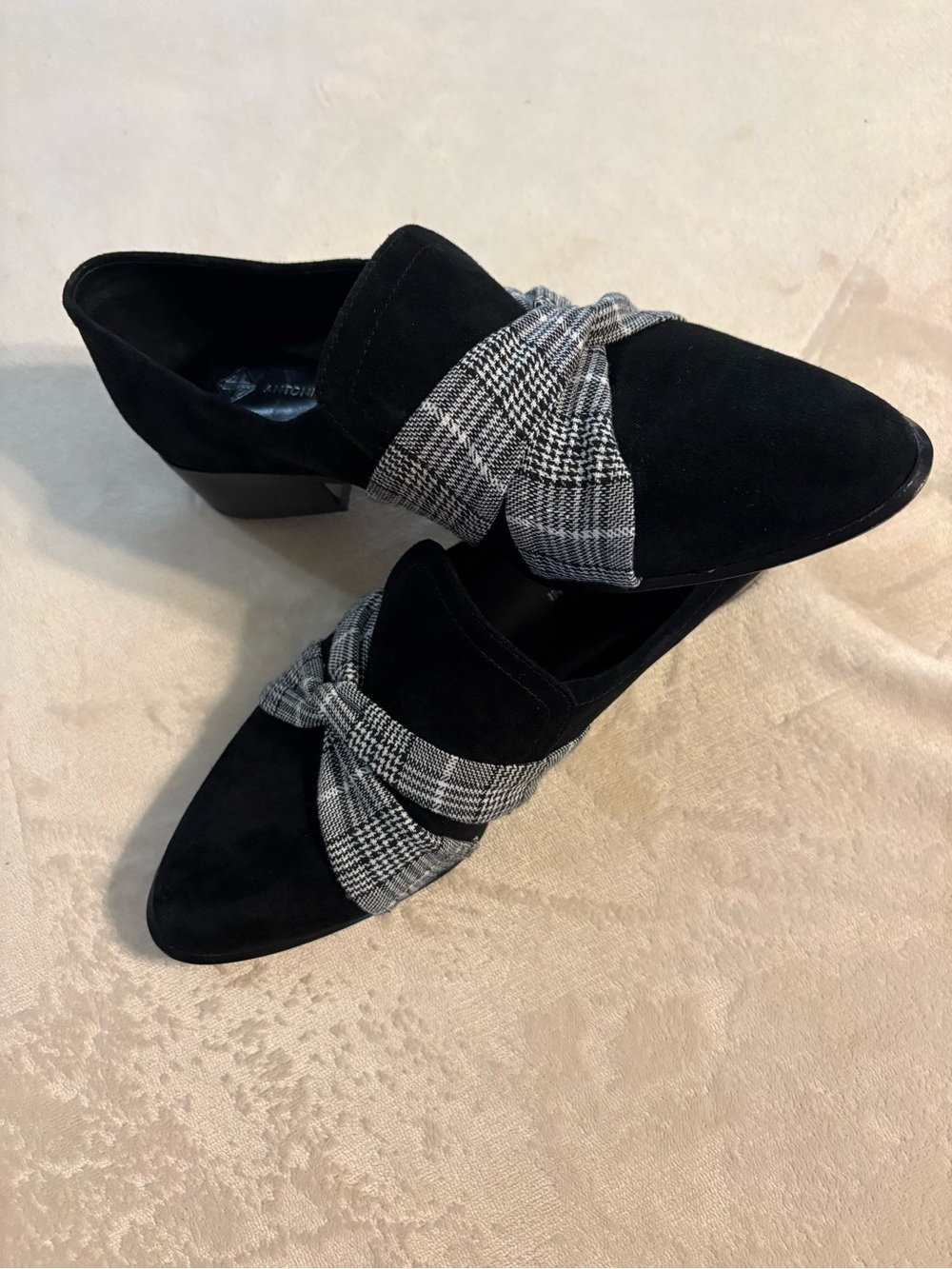 ANTONIO MELANI Black Suede Mules with Gray Plaid Knot